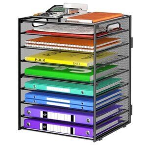 9 Tier Desk Organizer Paper Tray File Folder Document Sorter Office School Black
